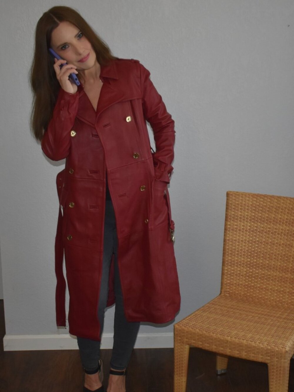 MICHAEL Michael Kors Genuine Lamb Leather Double Breasted Trench Coat Red S